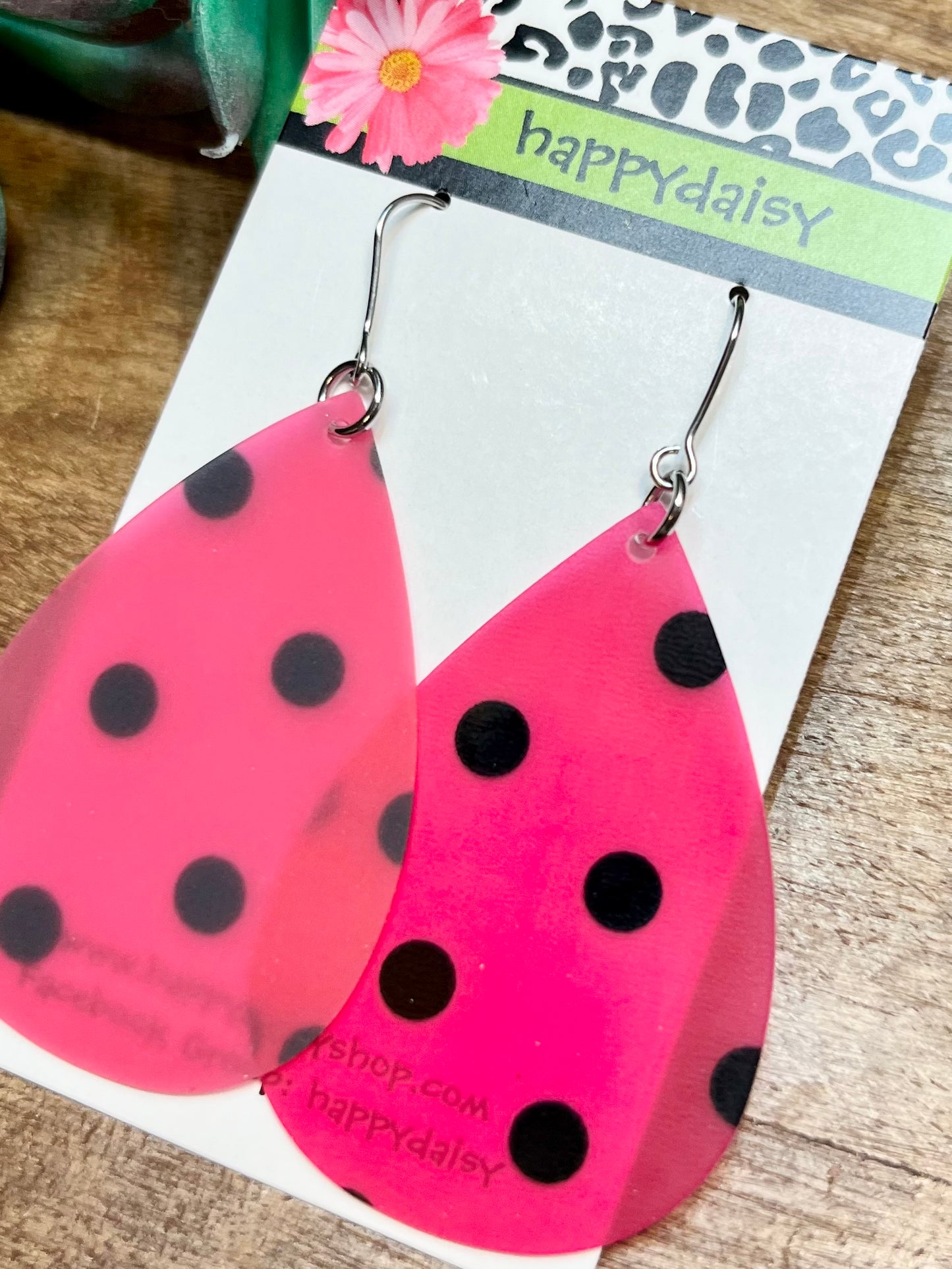 Pink and Black Polka-Dot Pool Jelly Teardrop Waterproof Earrings