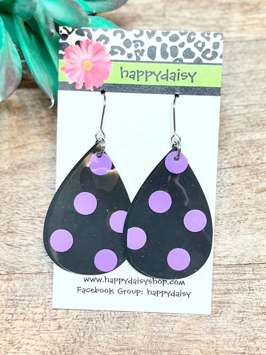 Purple Polka-Dot Pool Jelly Double Layer Black Teardrop Waterproof Earrings