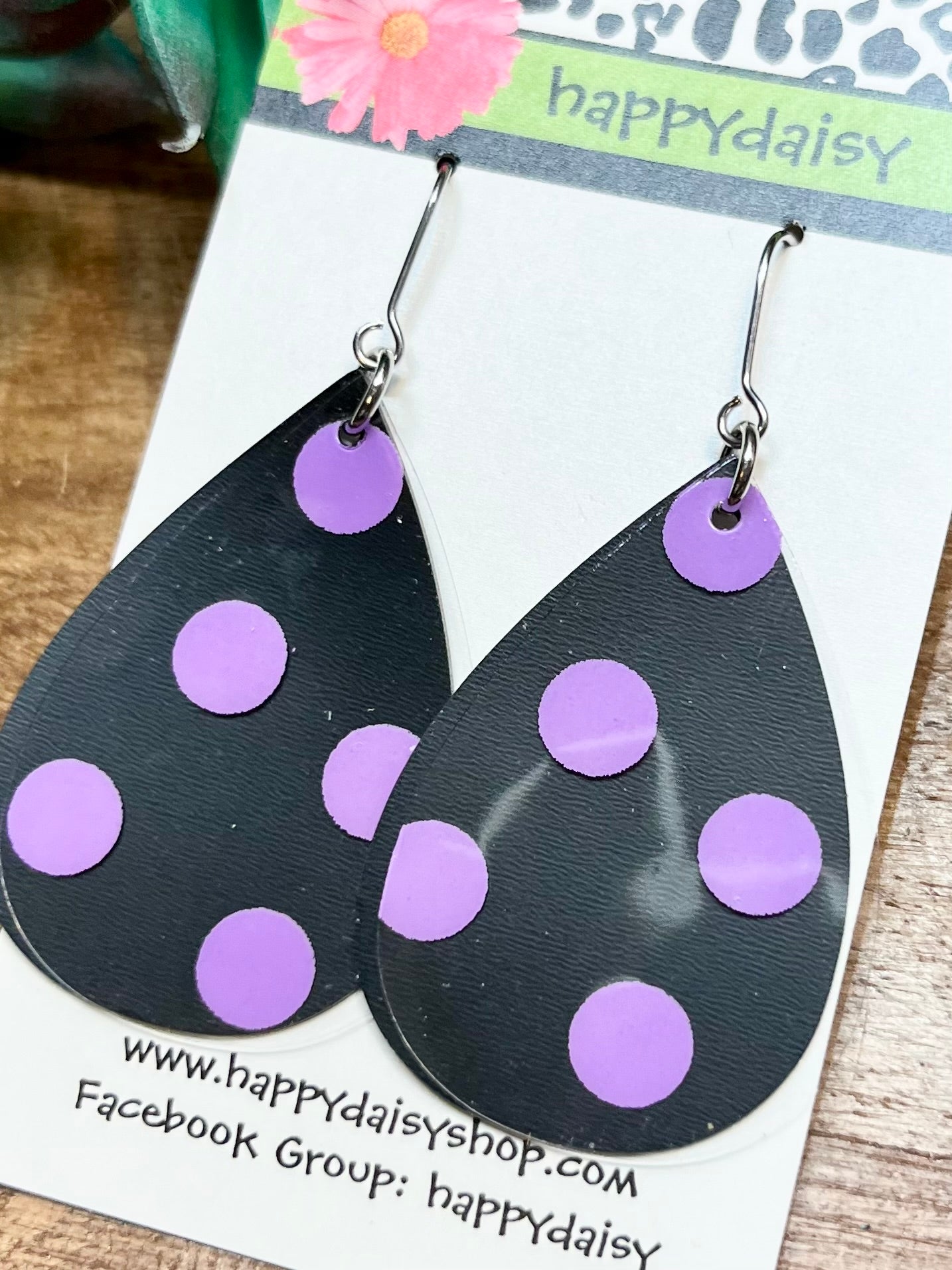 Purple Polka-Dot Pool Jelly Double Layer Black Teardrop Waterproof Earrings