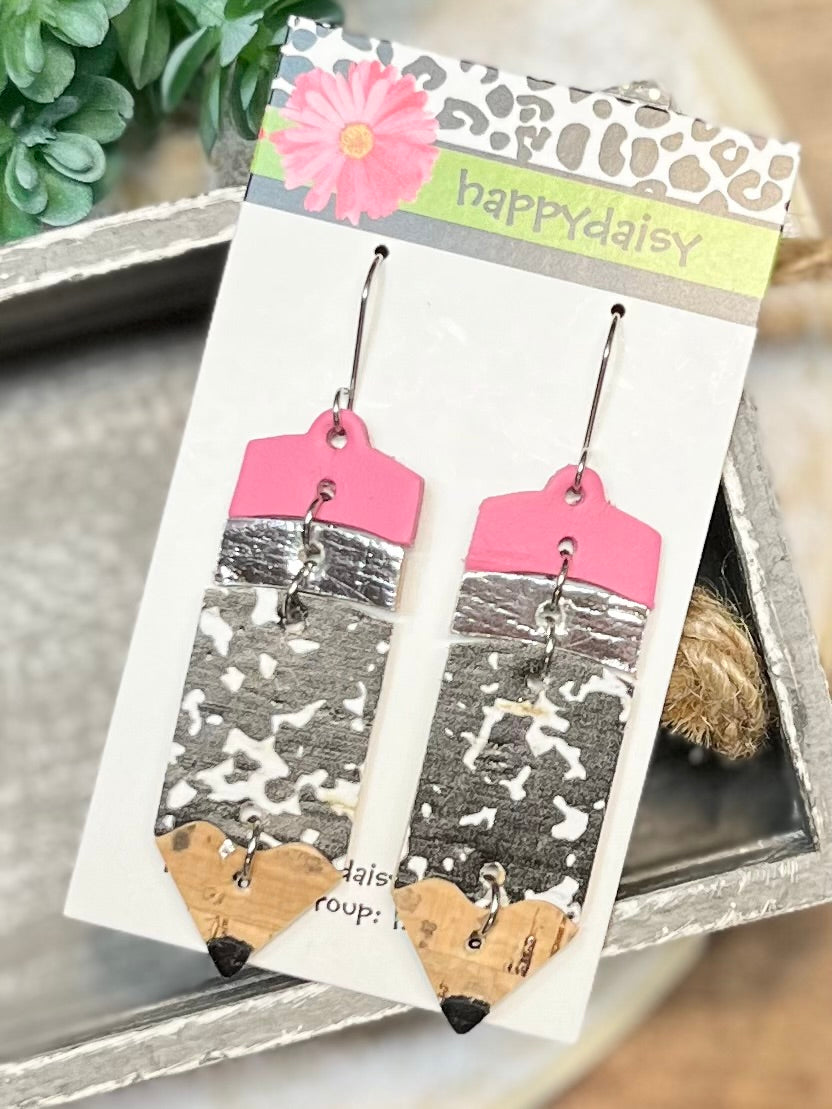 Leather Pencil Earrings for Back to School - Composition Print