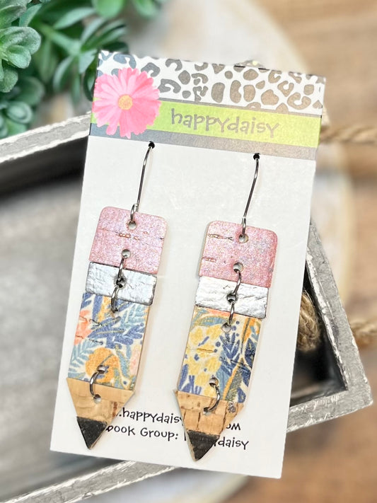 Leather Pencil Earrings for Back to School - Floral Print