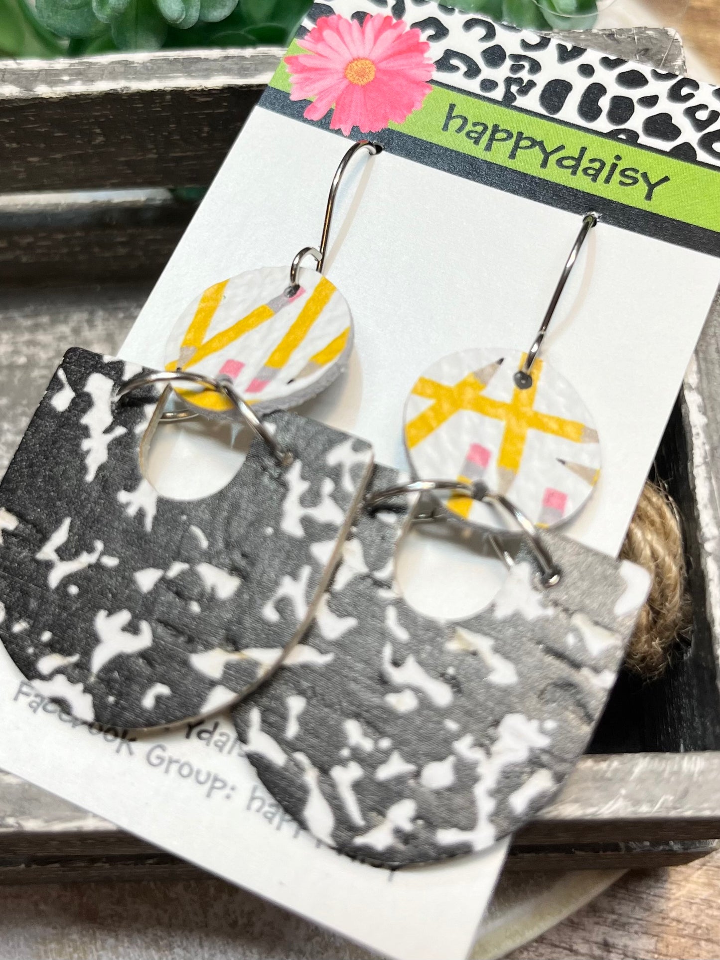 School Pencil and Composition Print Leather Earrings