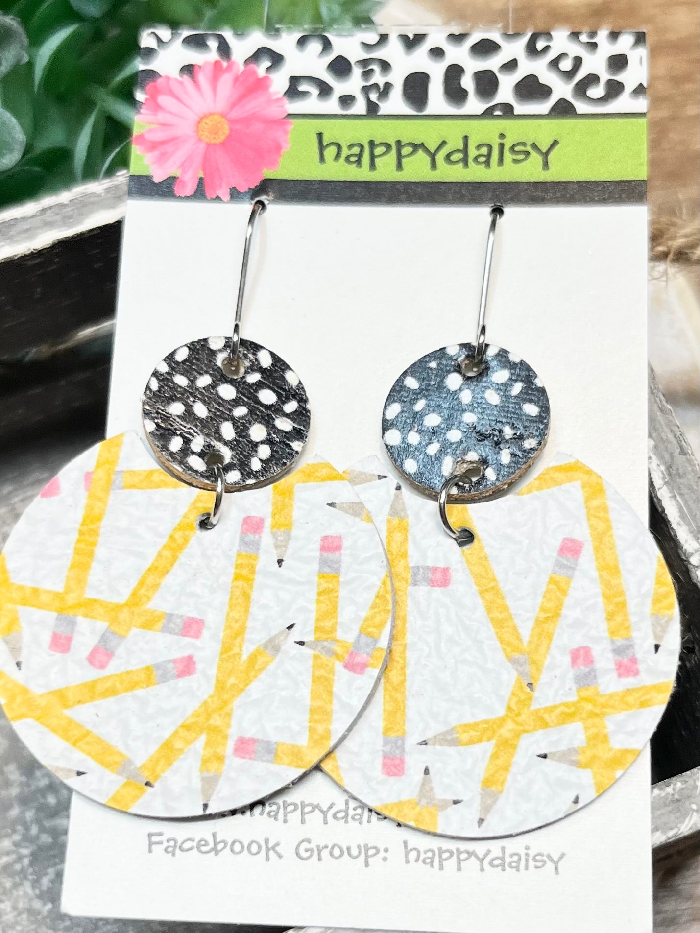 School Pencil and Composition Print Leather Earrings