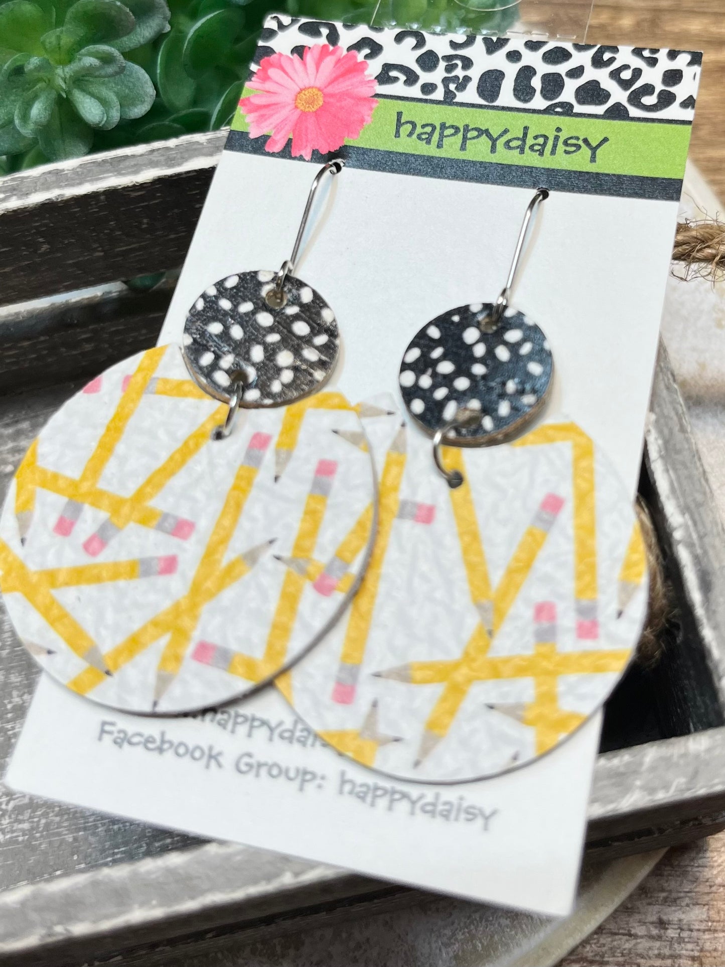 School Pencil and Composition Print Leather Earrings