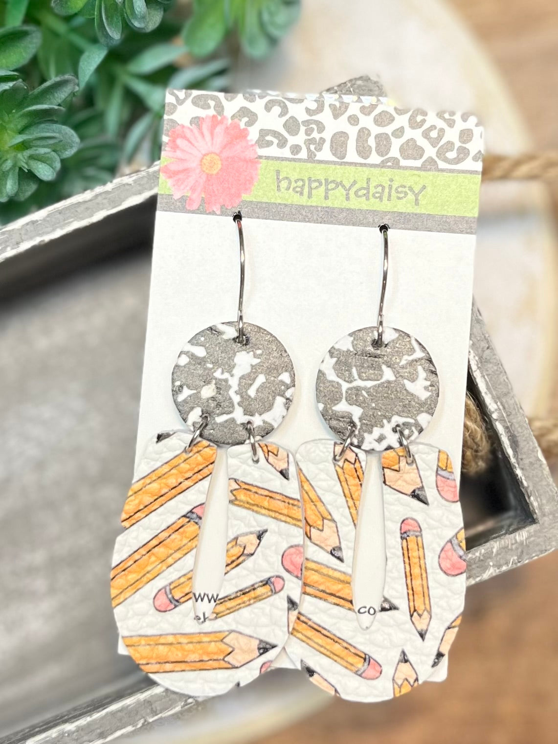 School Pencil and Composition Print Leather Earrings