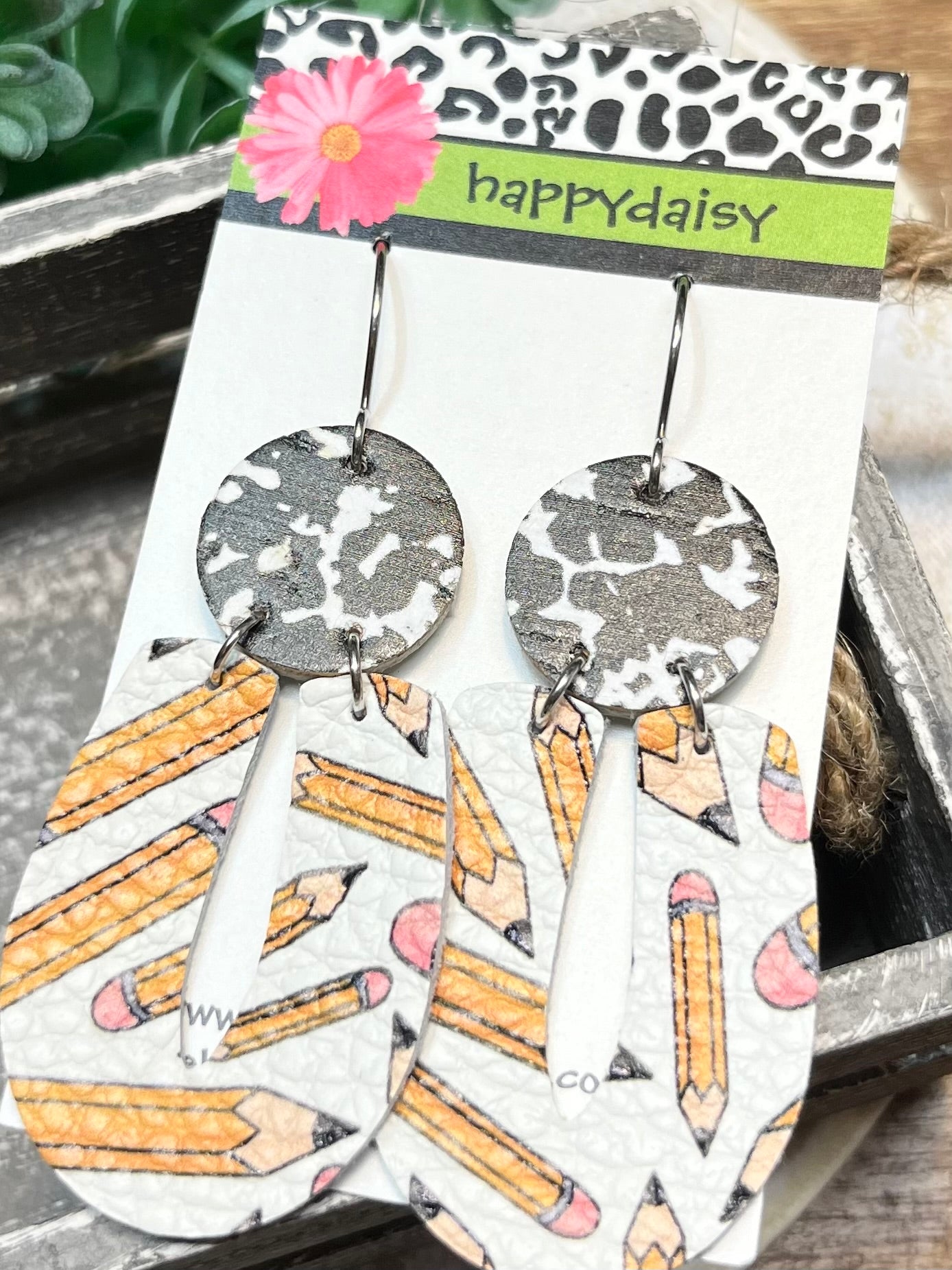 School Pencil and Composition Print Leather Earrings