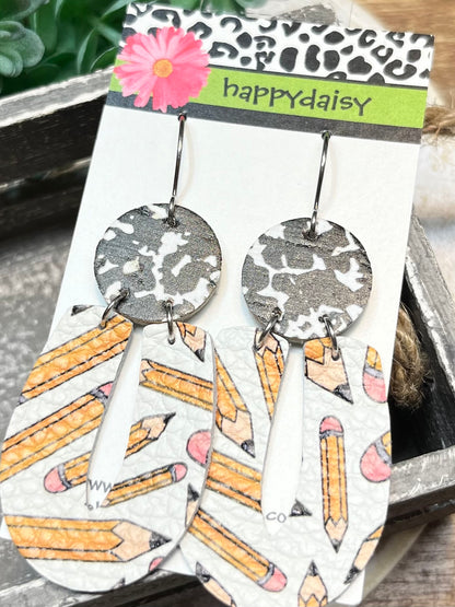 School Pencil and Composition Print Leather Earrings