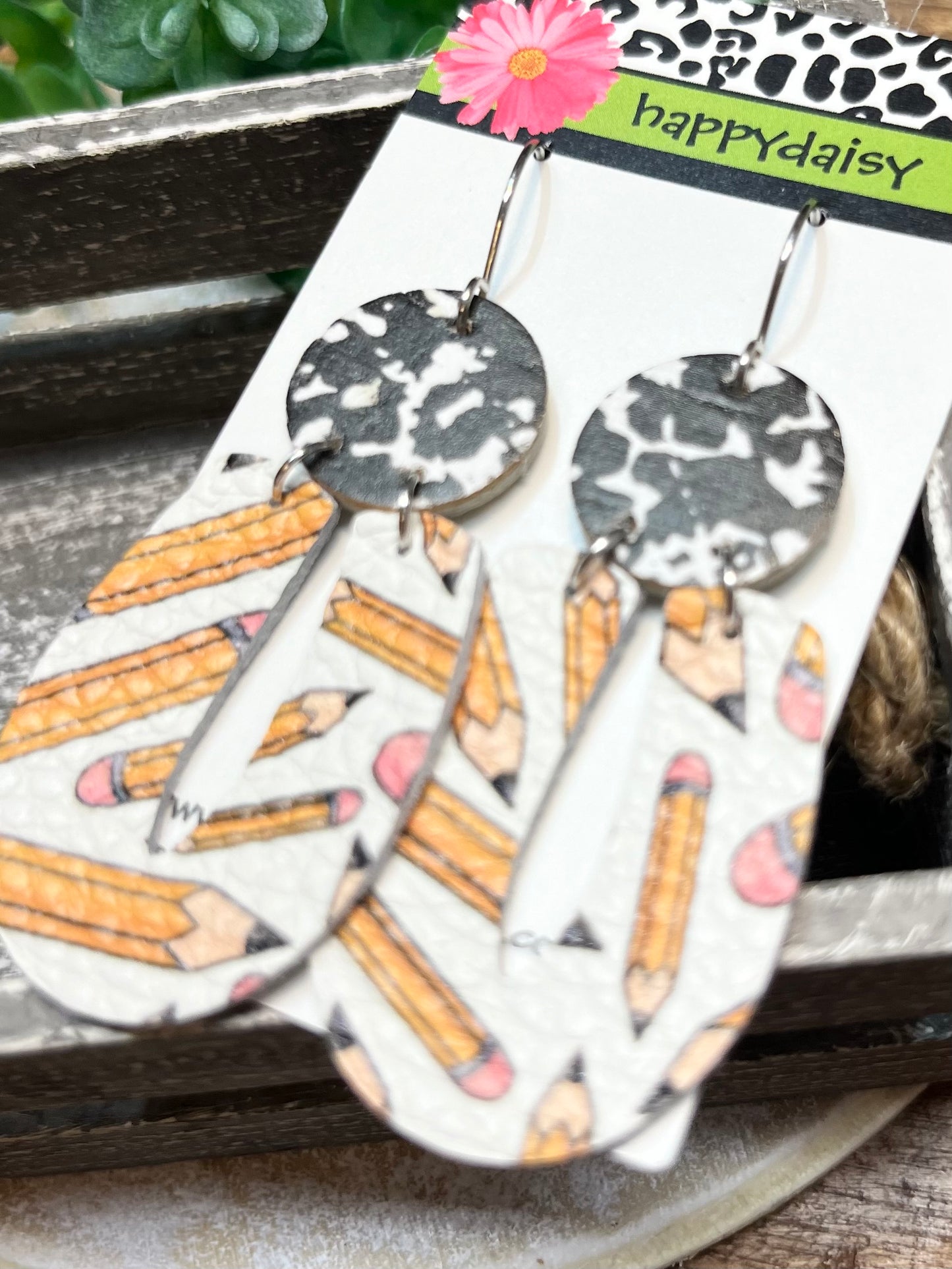 School Pencil and Composition Print Leather Earrings