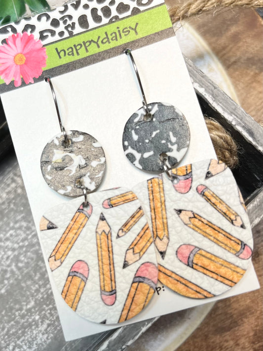 School Pencil and Composition Print Leather Earrings