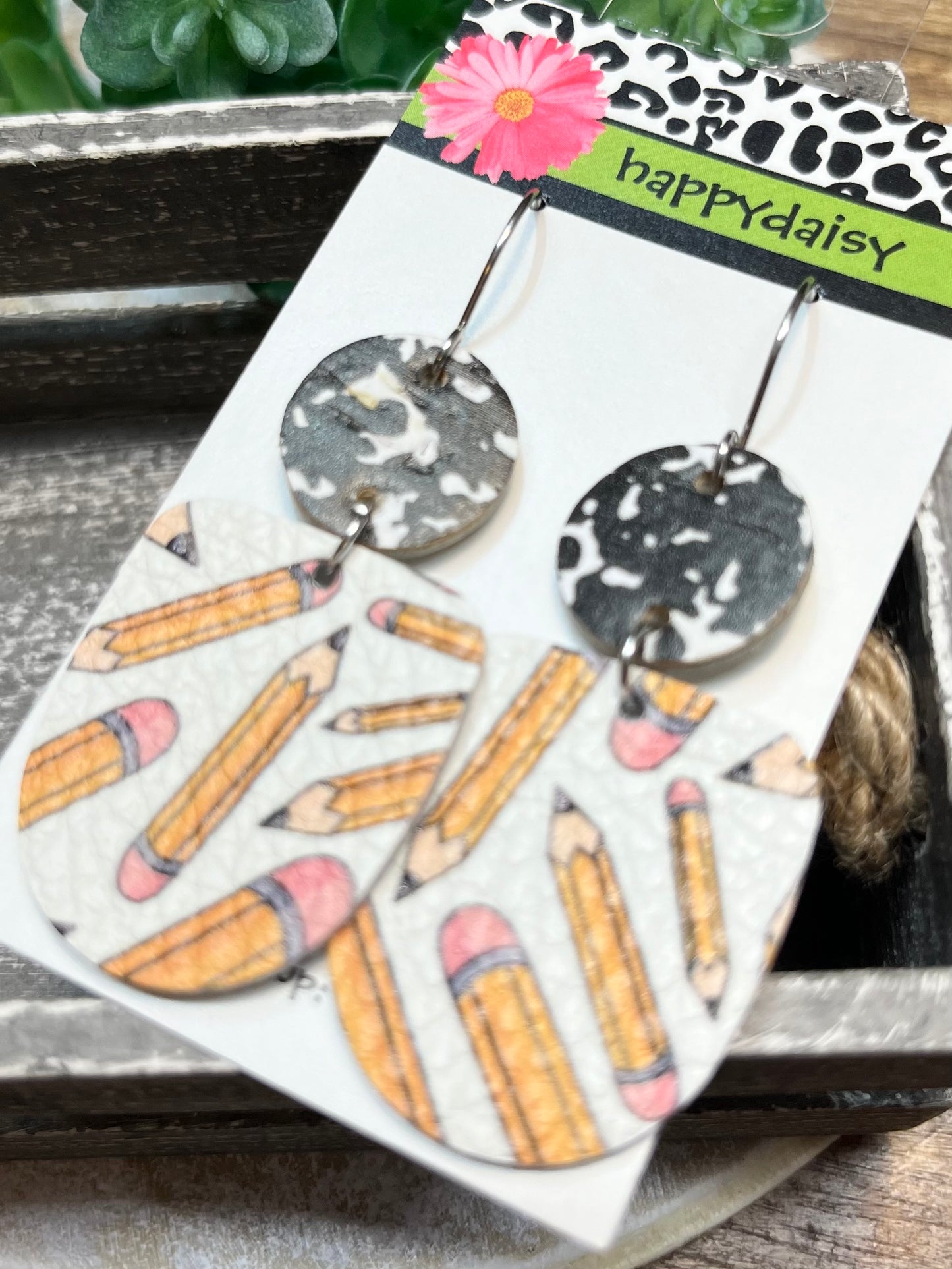 School Pencil and Composition Print Leather Earrings