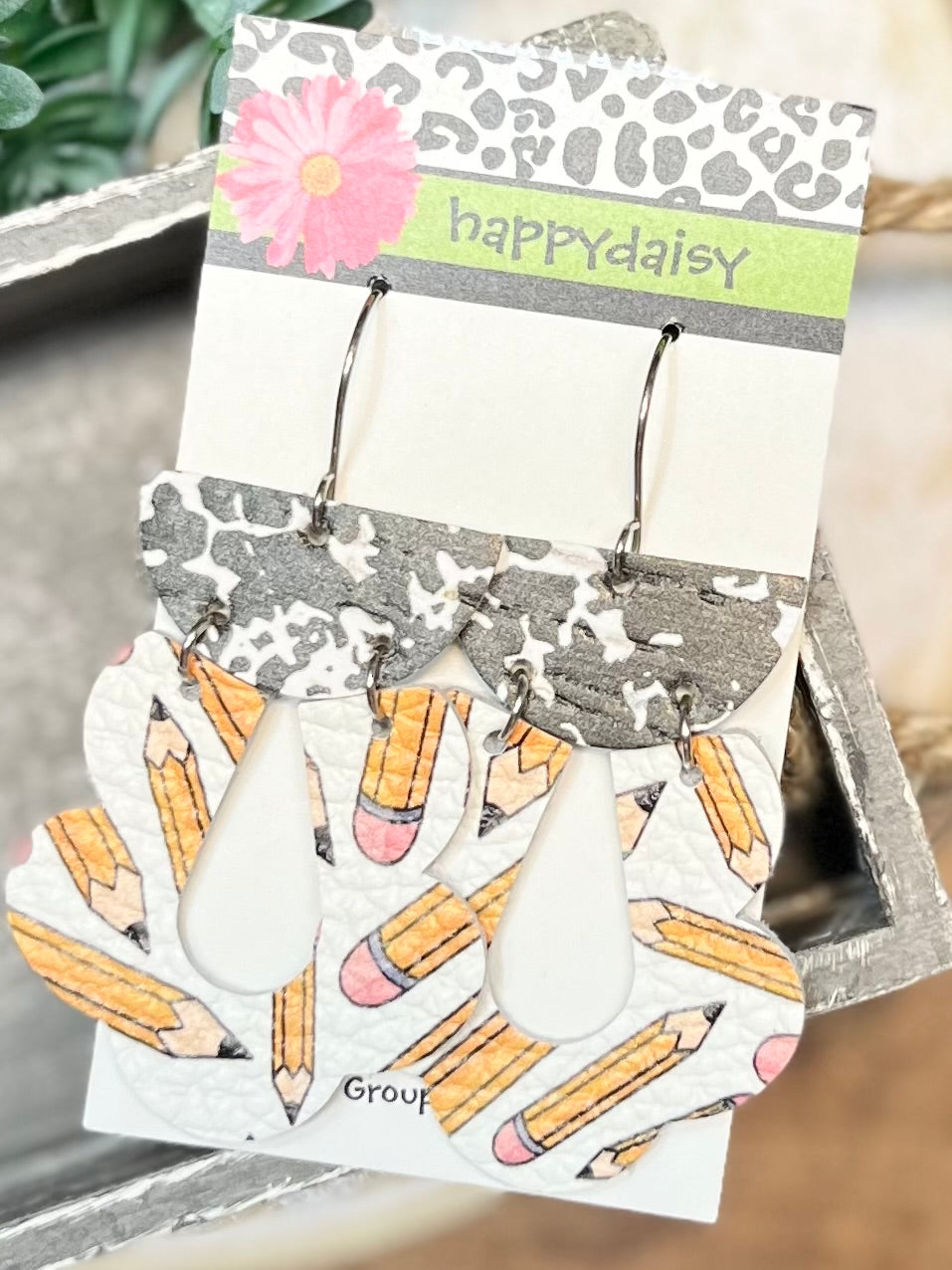 School Pencil and Composition Print Leather Earrings