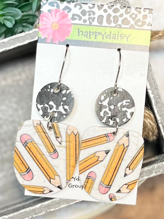 School Pencil and Composition Print Cork on Leather Earrings