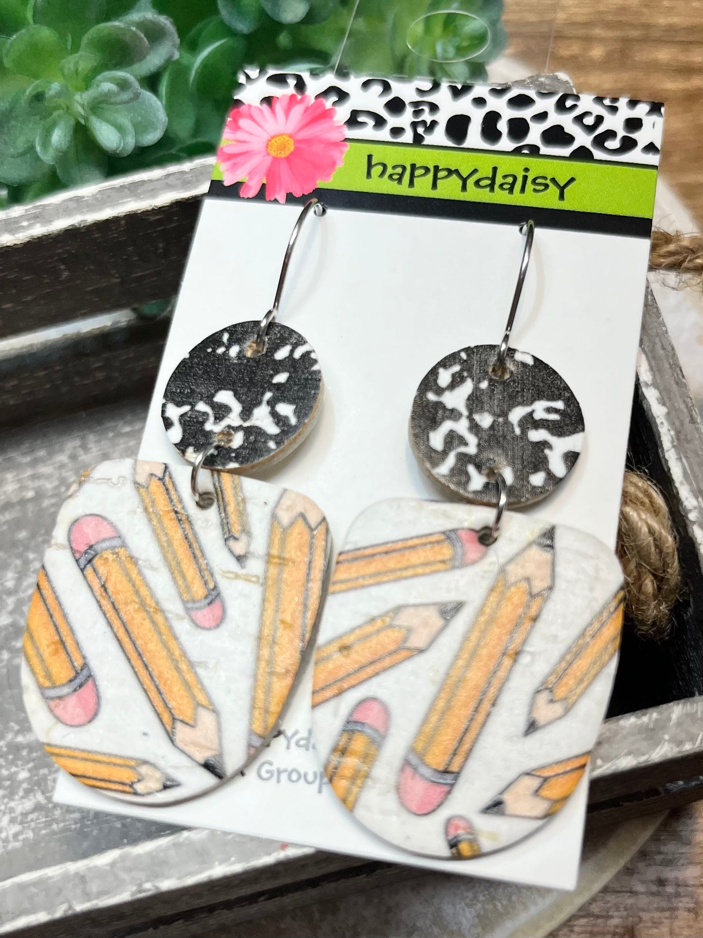 School Pencil and Composition Print Cork on Leather Earrings