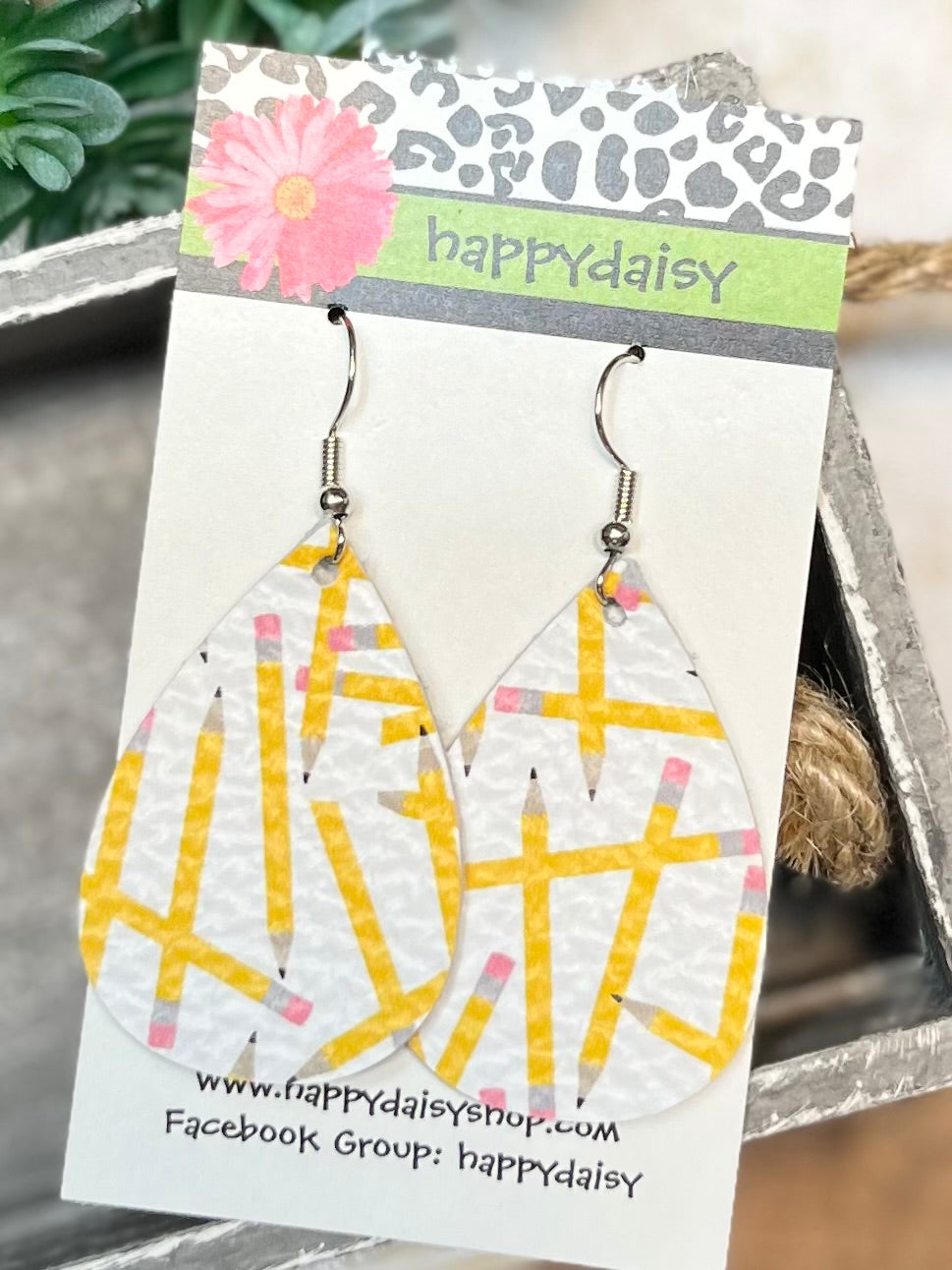 School Pencil Print Leather Teardrop Earrings