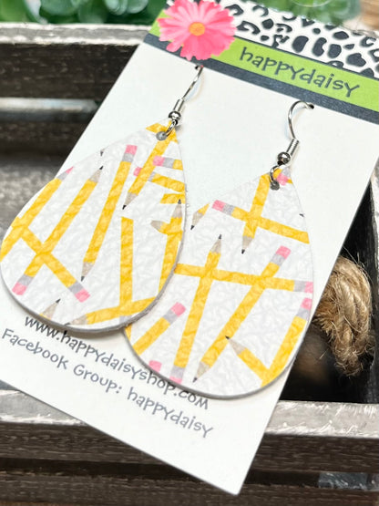 School Pencil Print Leather Teardrop Earrings