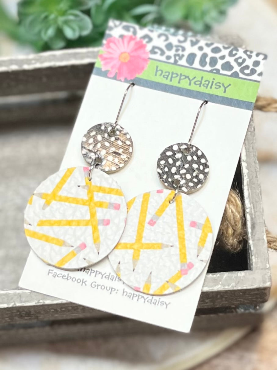 School Pencil and Composition Print Leather Earrings