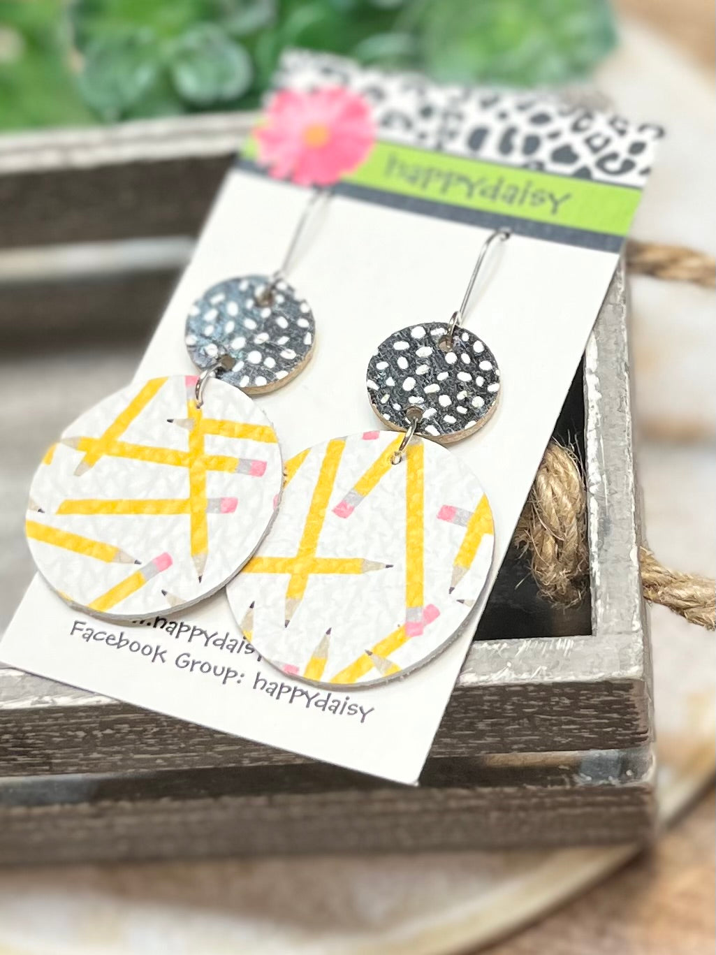 School Pencil and Composition Print Leather Earrings