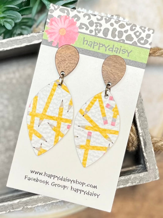 School Pencil Print Leather Leaf Earrings