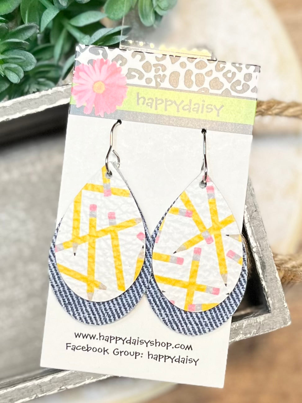 School Pencil and Denim Print Leather Teardrop Earrings