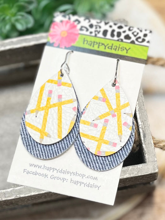 School Pencil and Denim Print Leather Teardrop Earrings