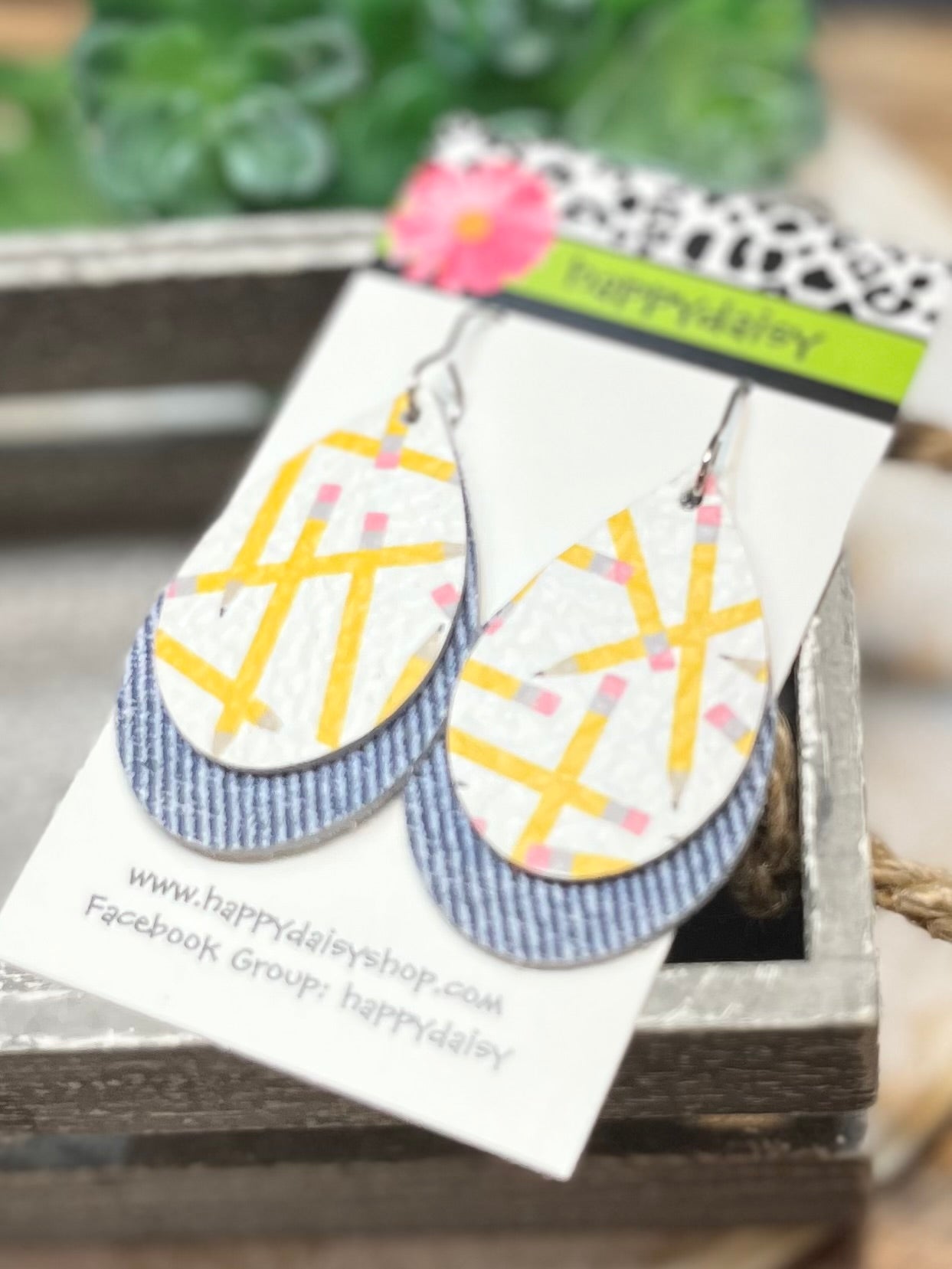 School Pencil and Denim Print Leather Teardrop Earrings