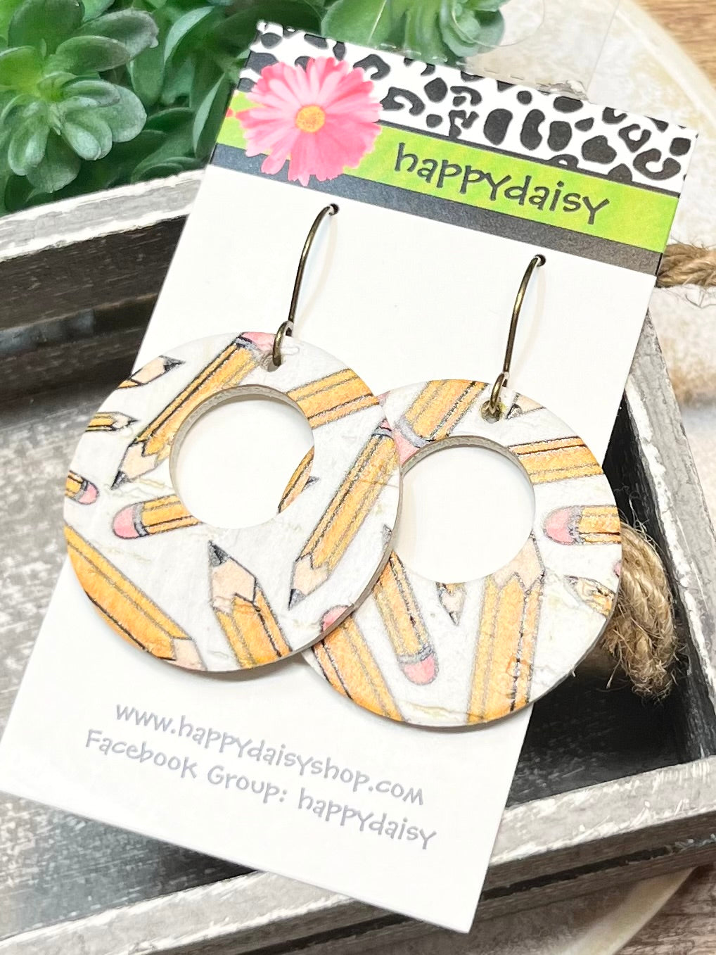 School Pencil Print Cork on Leather Earrings "Mandy" Style