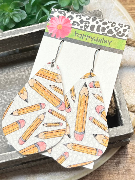 School Pencil Leather Teardrop Earrings