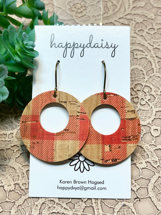 Buffalo Plaid Fall Winter Red and Tan/Natural Cork on Leather "Mandy" Earrings