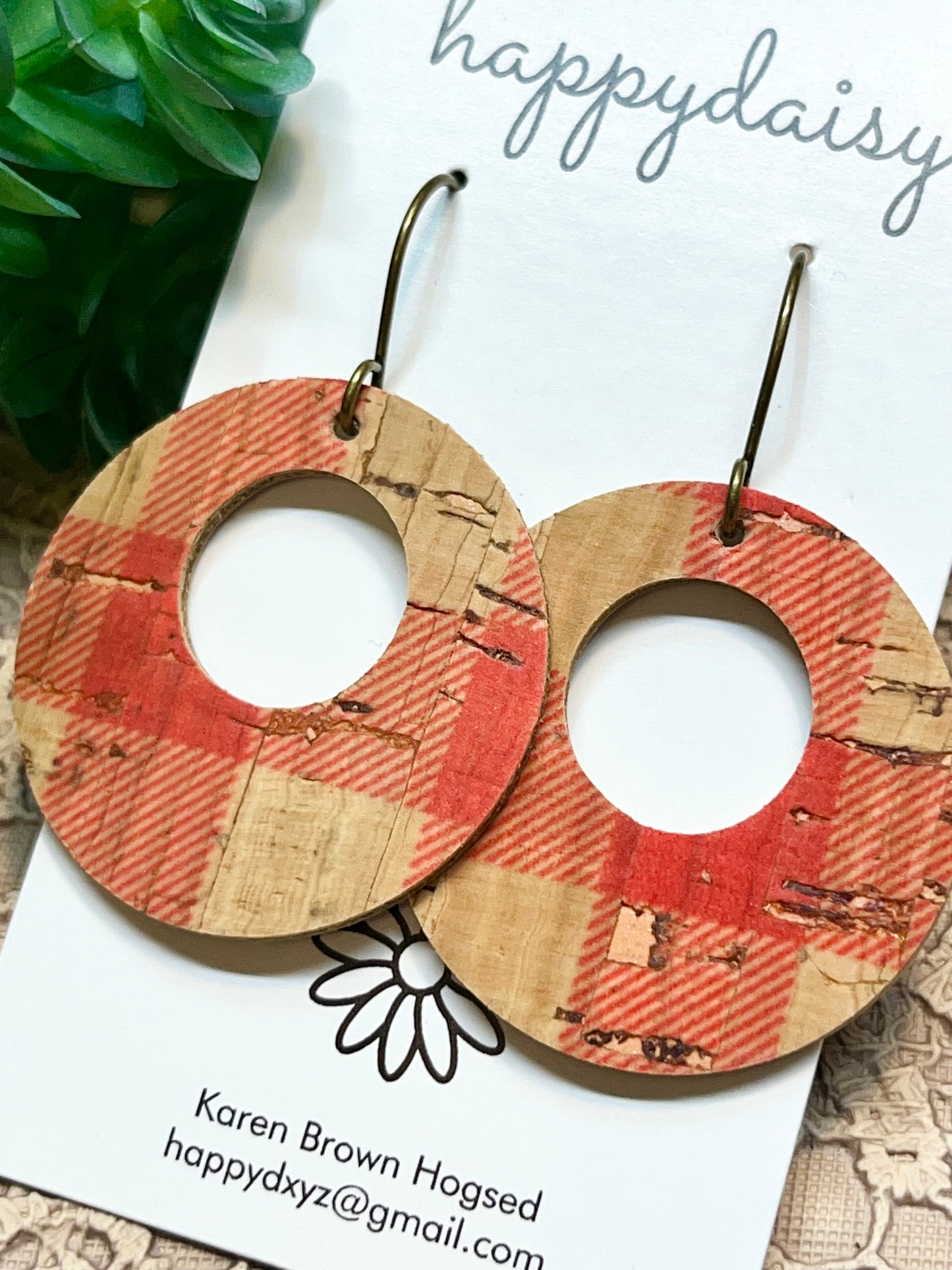 Buffalo Plaid Fall Winter Red and Tan/Natural Cork on Leather "Mandy" Earrings