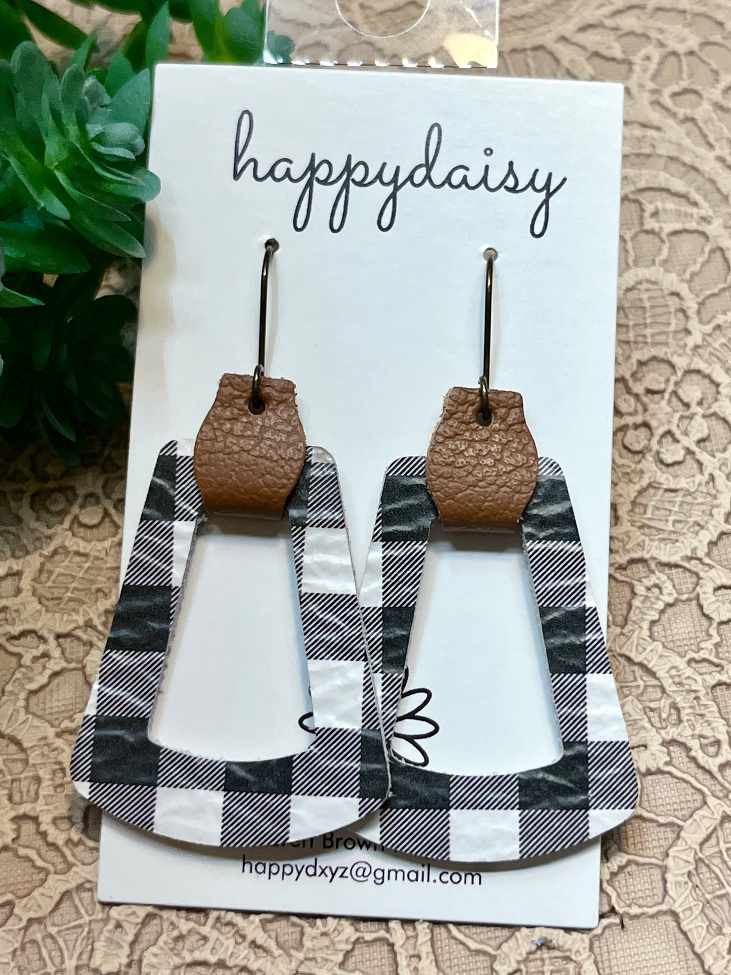 Buffalo Plaid Black and White Fall Winter Leather Earrings with Brown Leather Tab