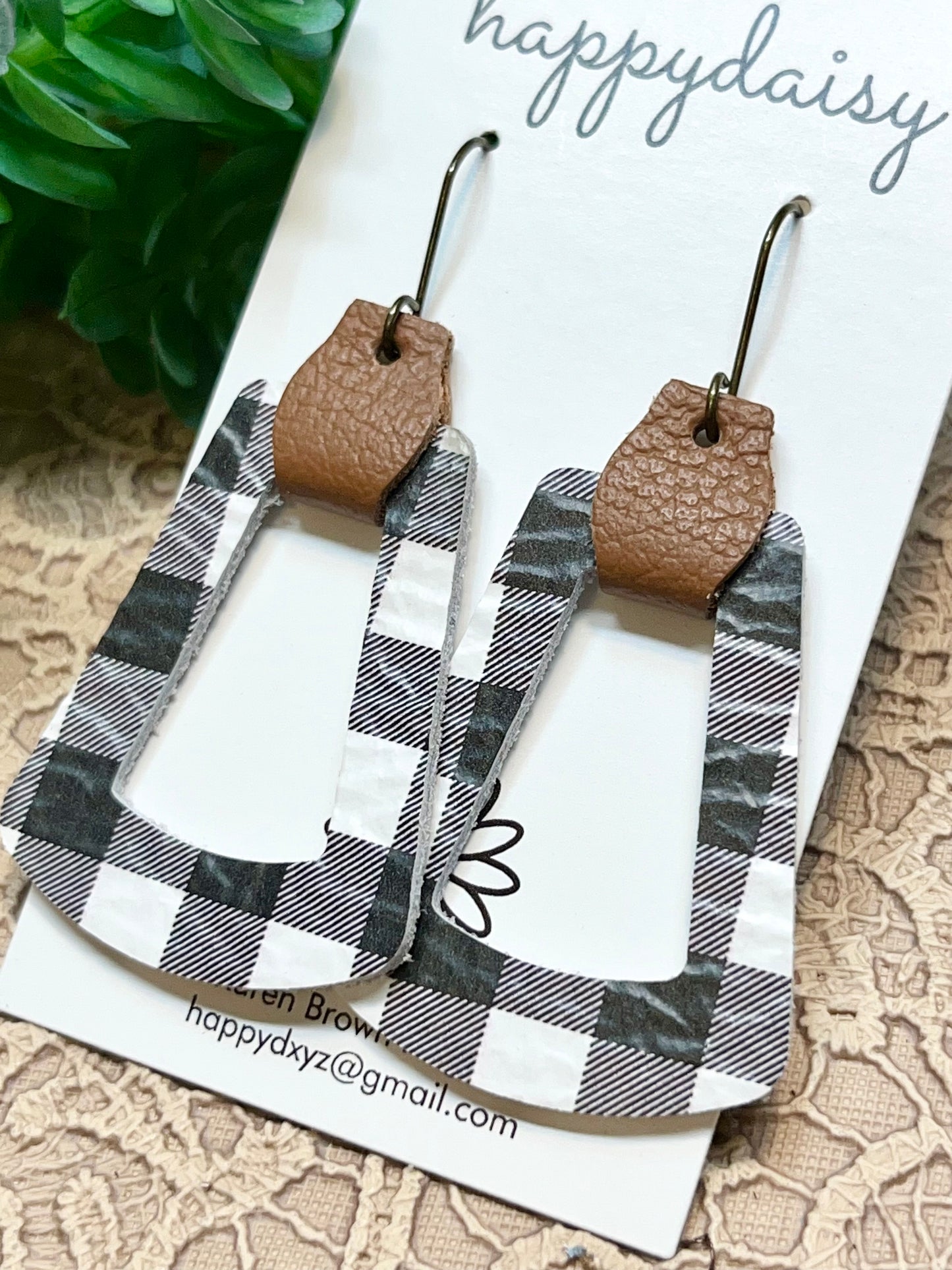 Buffalo Plaid Black and White Fall Winter Leather Earrings with Brown Leather Tab