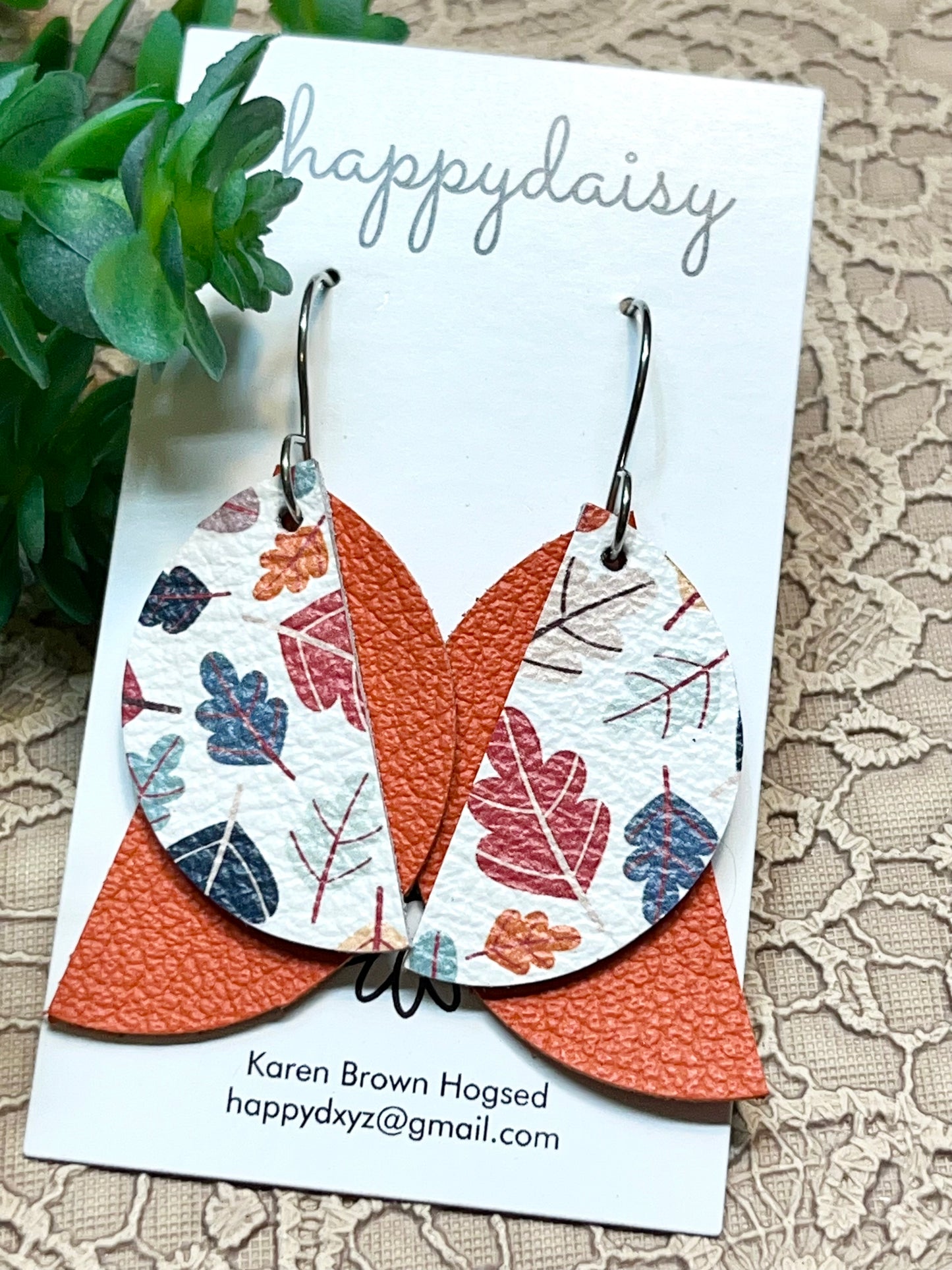 Fall Leaf Print Orange Blue Brown Leather Earrings