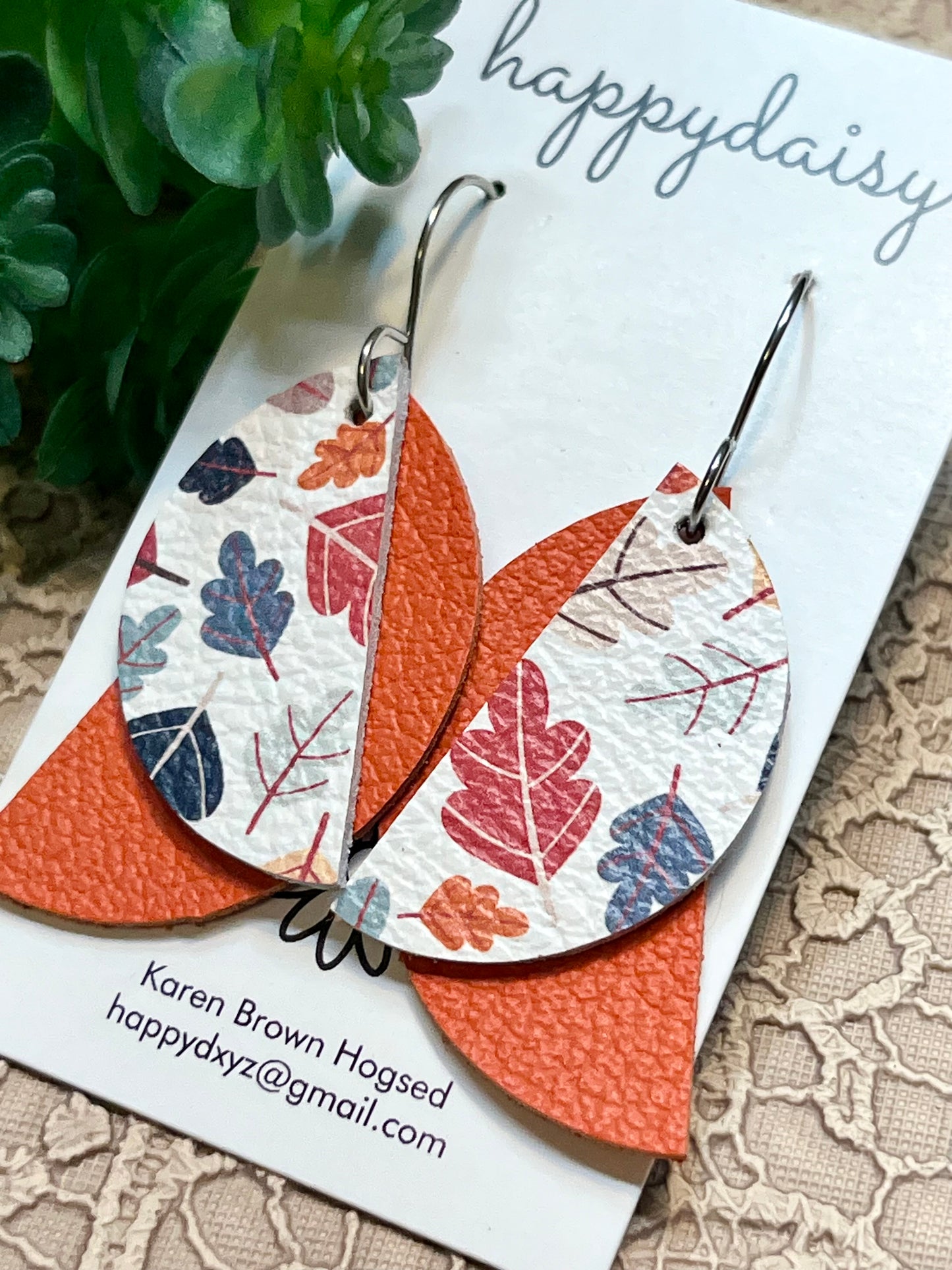 Fall Leaf Print Orange Blue Brown Leather Earrings