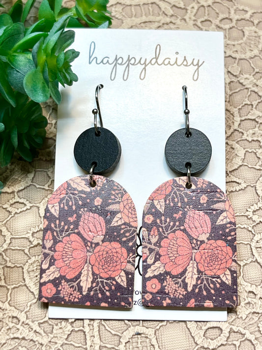 Fall Floral Print Cork on Leather Earrings