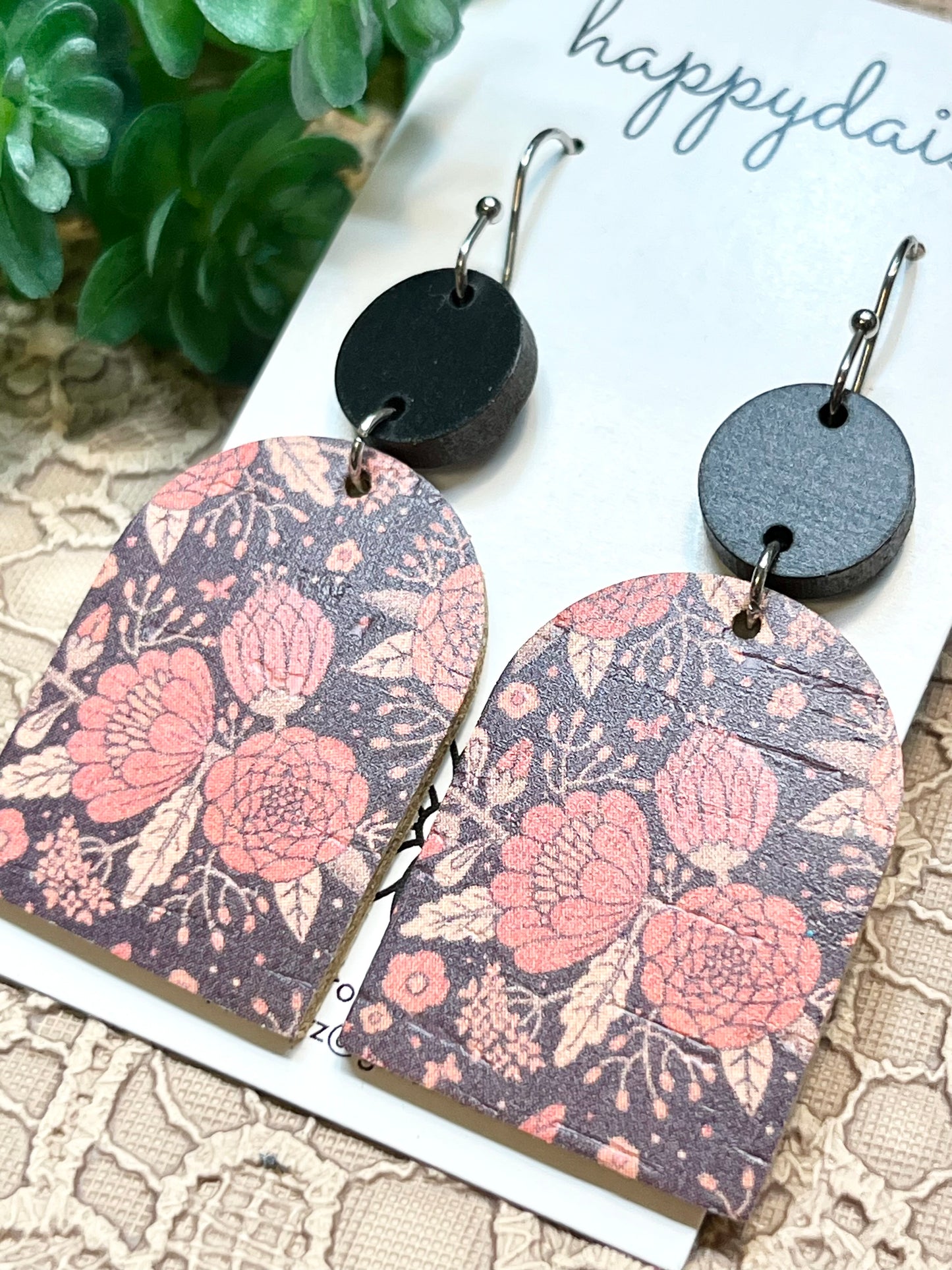 Fall Floral Print Cork on Leather Earrings