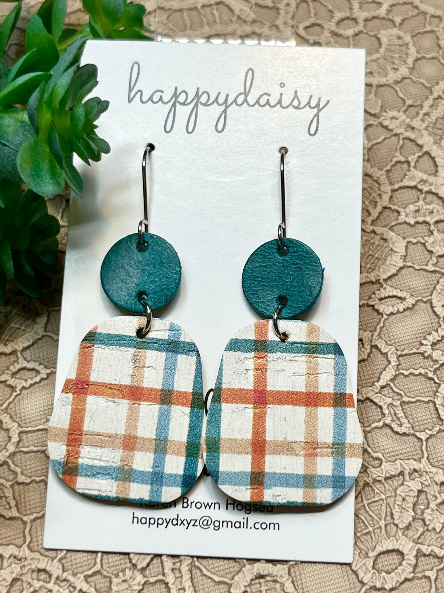 Fall Plaid Orange Turquoise Cork on Leather Earrings