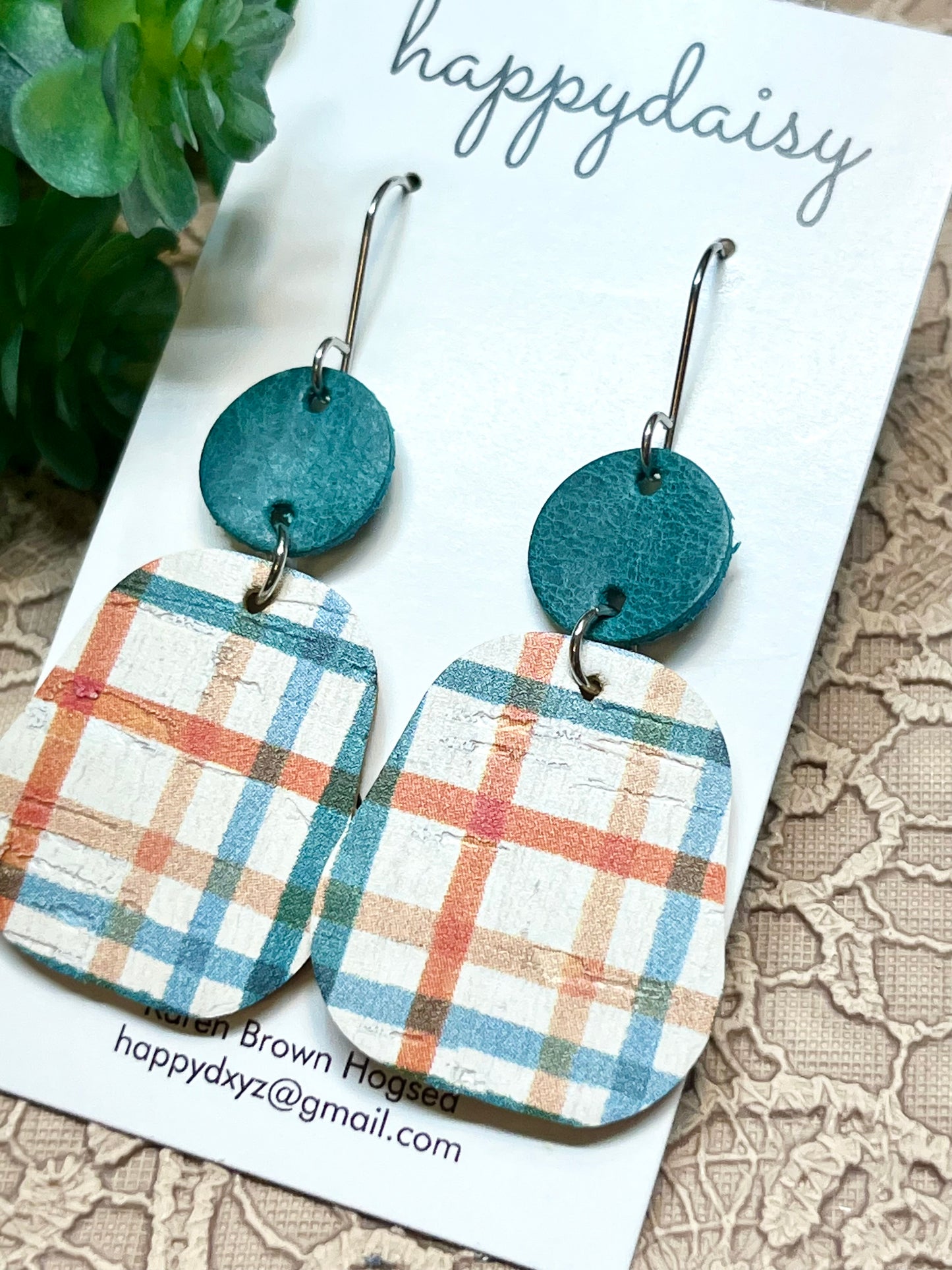 Fall Plaid Orange Turquoise Cork on Leather Earrings