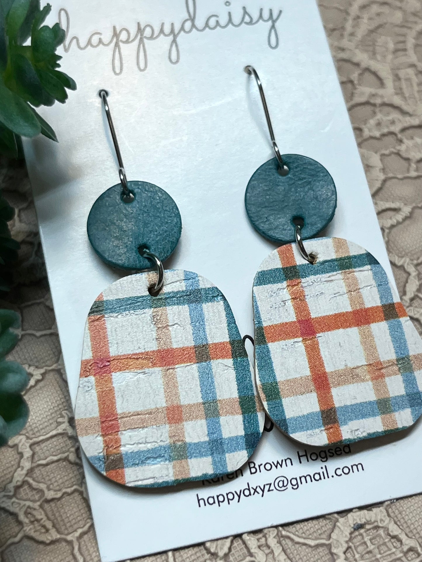 Fall Plaid Orange Turquoise Cork on Leather Earrings