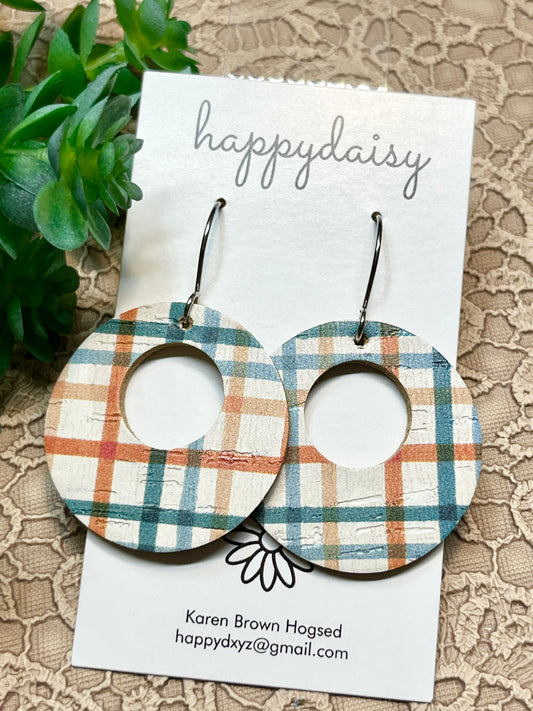 Fall Plaid Orange Turquoise Cork on Leather "Mandy" Earrings