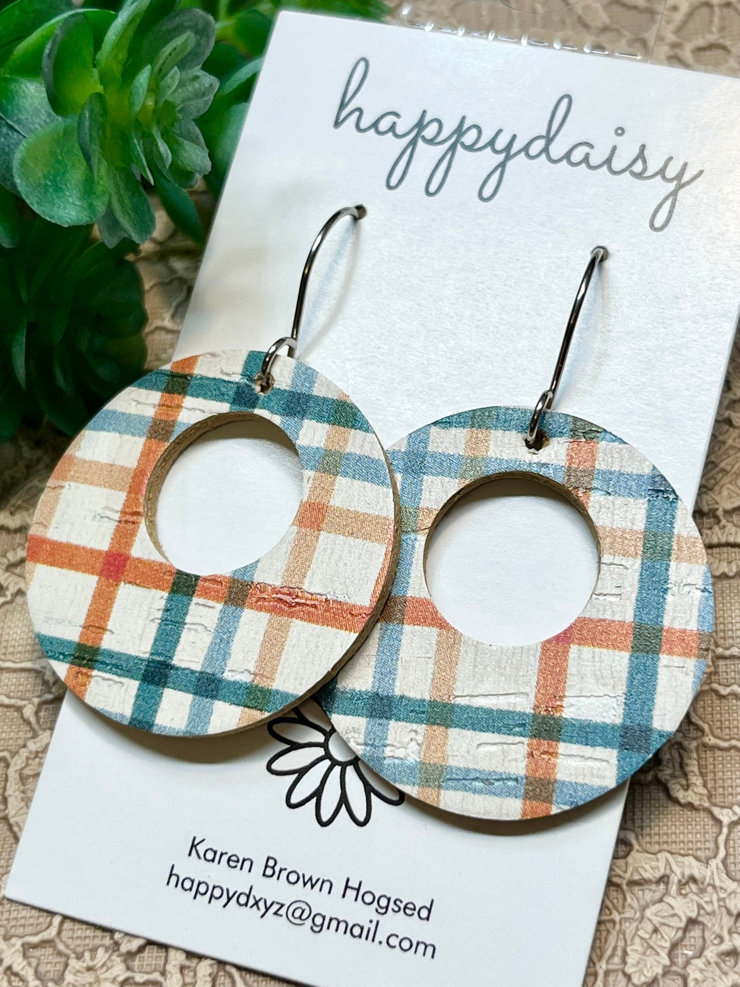 Fall Plaid Orange Turquoise Cork on Leather "Mandy" Earrings