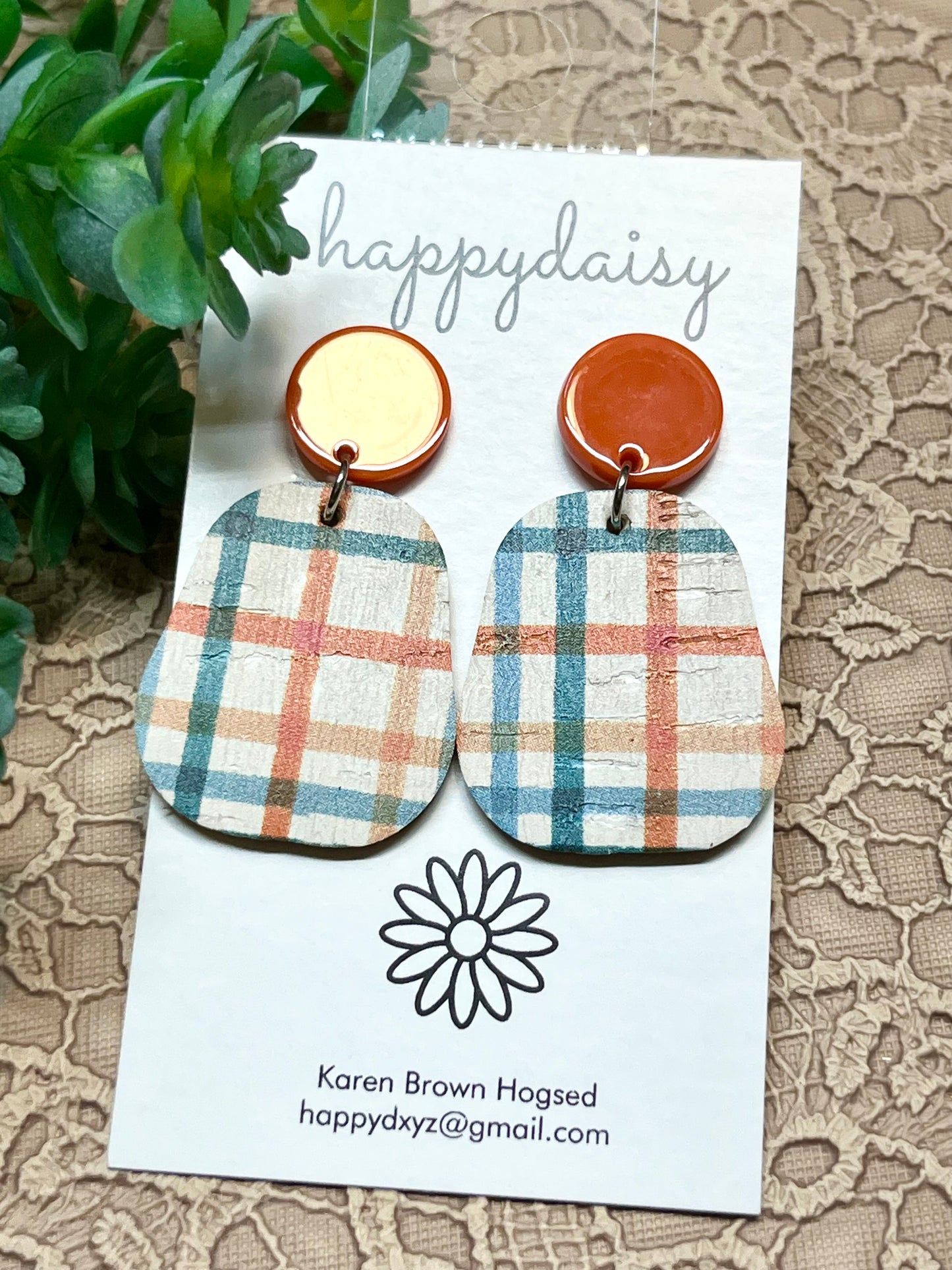 Fall Plaid Orange Turquoise Cork on Leather Earrings