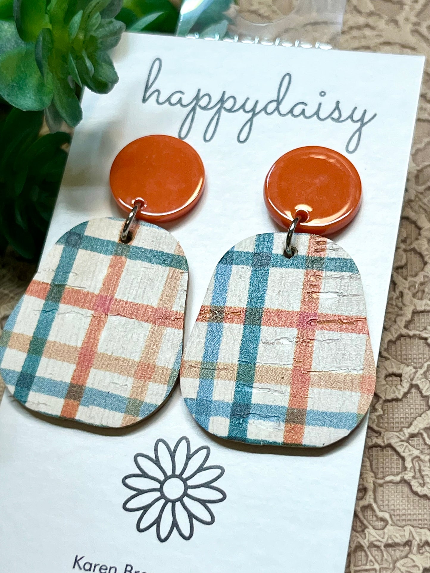 Fall Plaid Orange Turquoise Cork on Leather Earrings