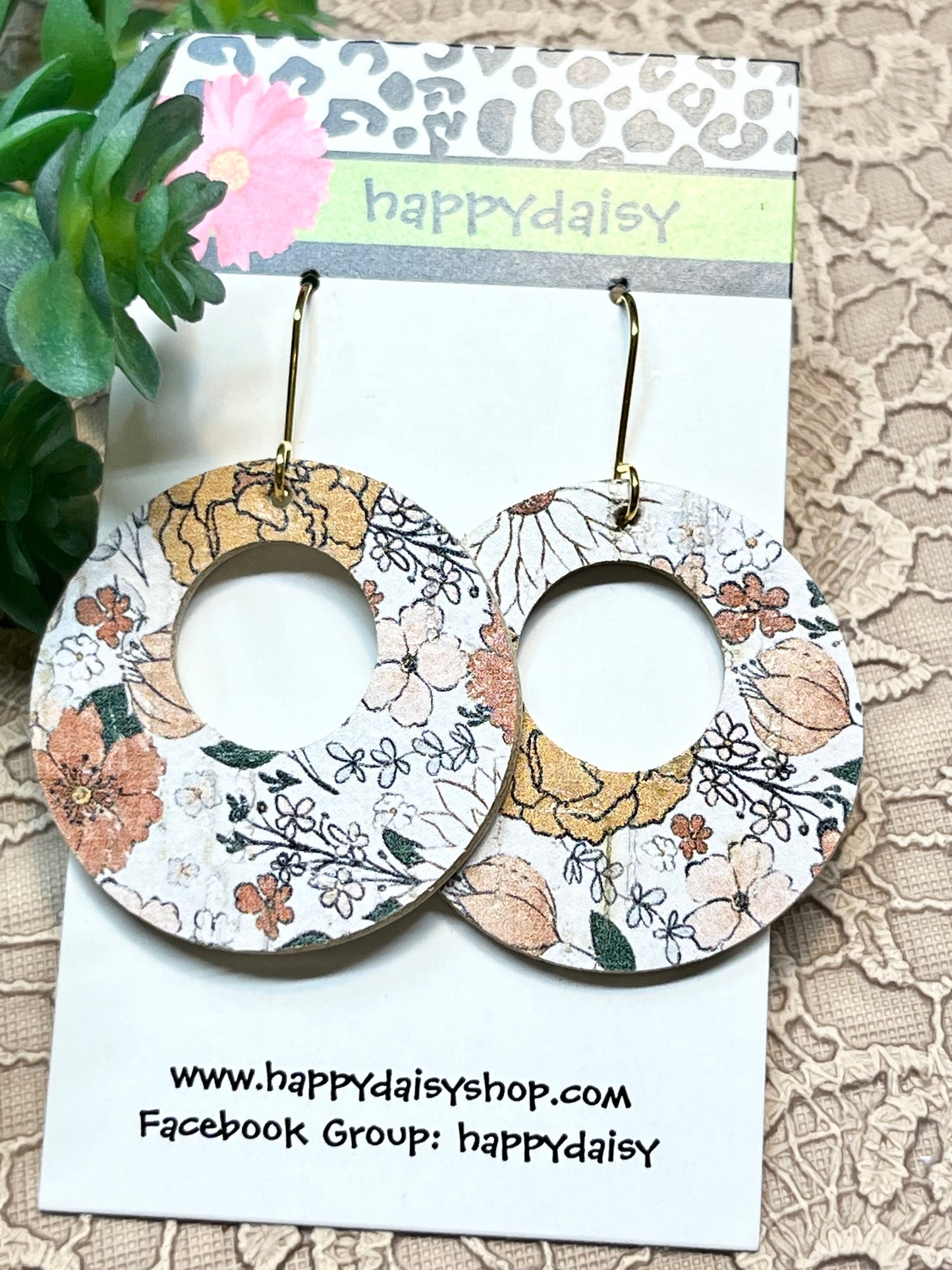 Fall Floral Print Orange Green Daisy Cork on Leather "Mandy" Earrings