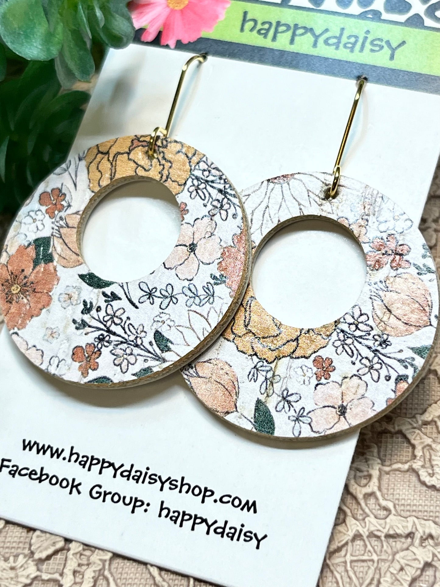 Fall Floral Print Orange Green Daisy Cork on Leather "Mandy" Earrings