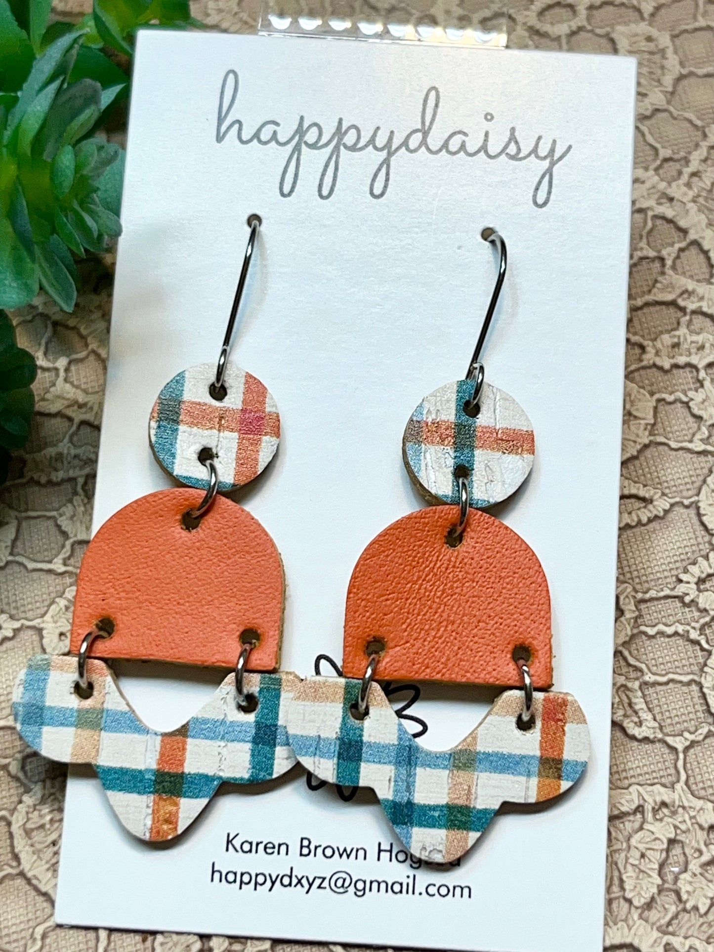 Fall Plaid Orange Turquoise Cork on Leather and Baby Chopper Earrings