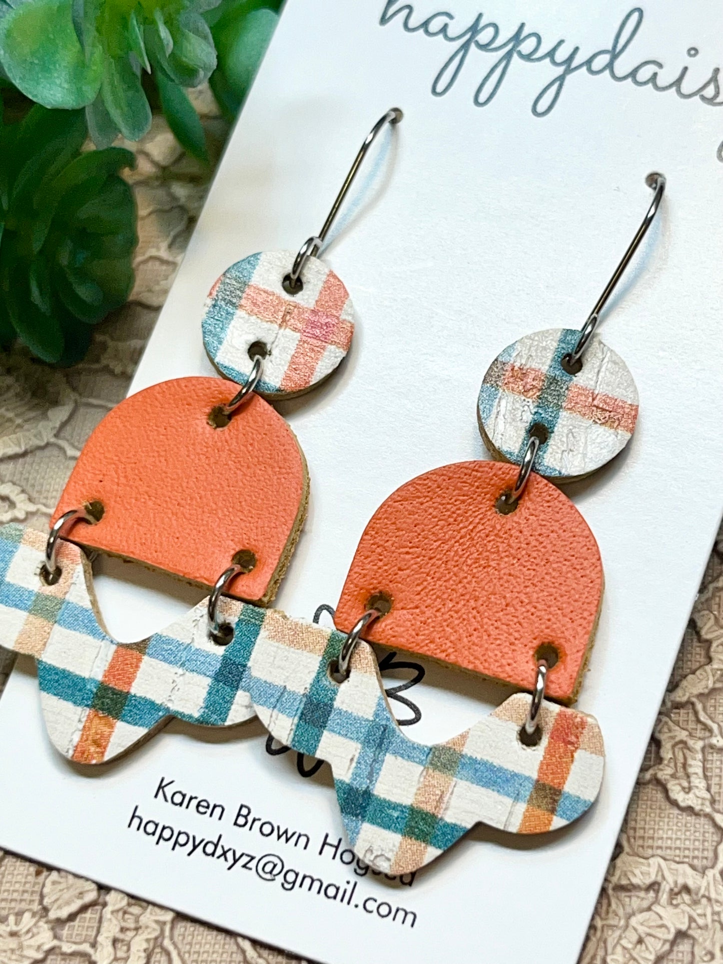 Fall Plaid Orange Turquoise Cork on Leather and Baby Chopper Earrings