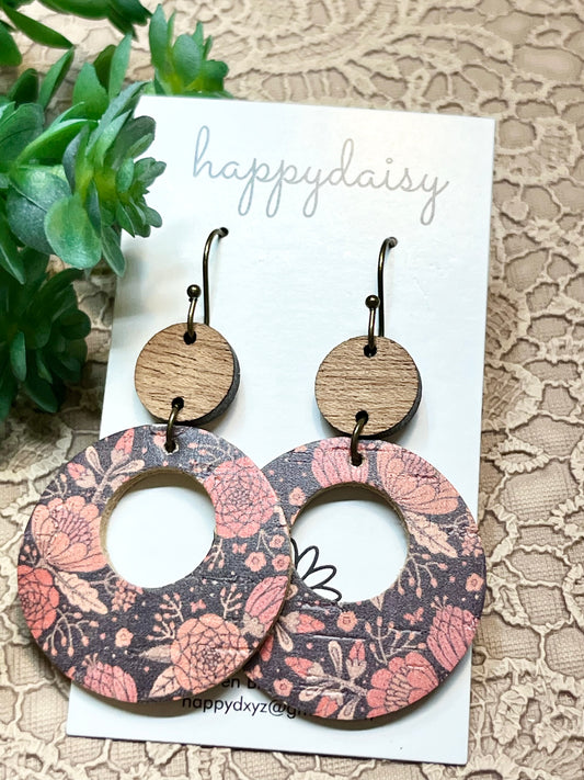 Fall Floral Print Cork on Leather "Mandy" Earrings