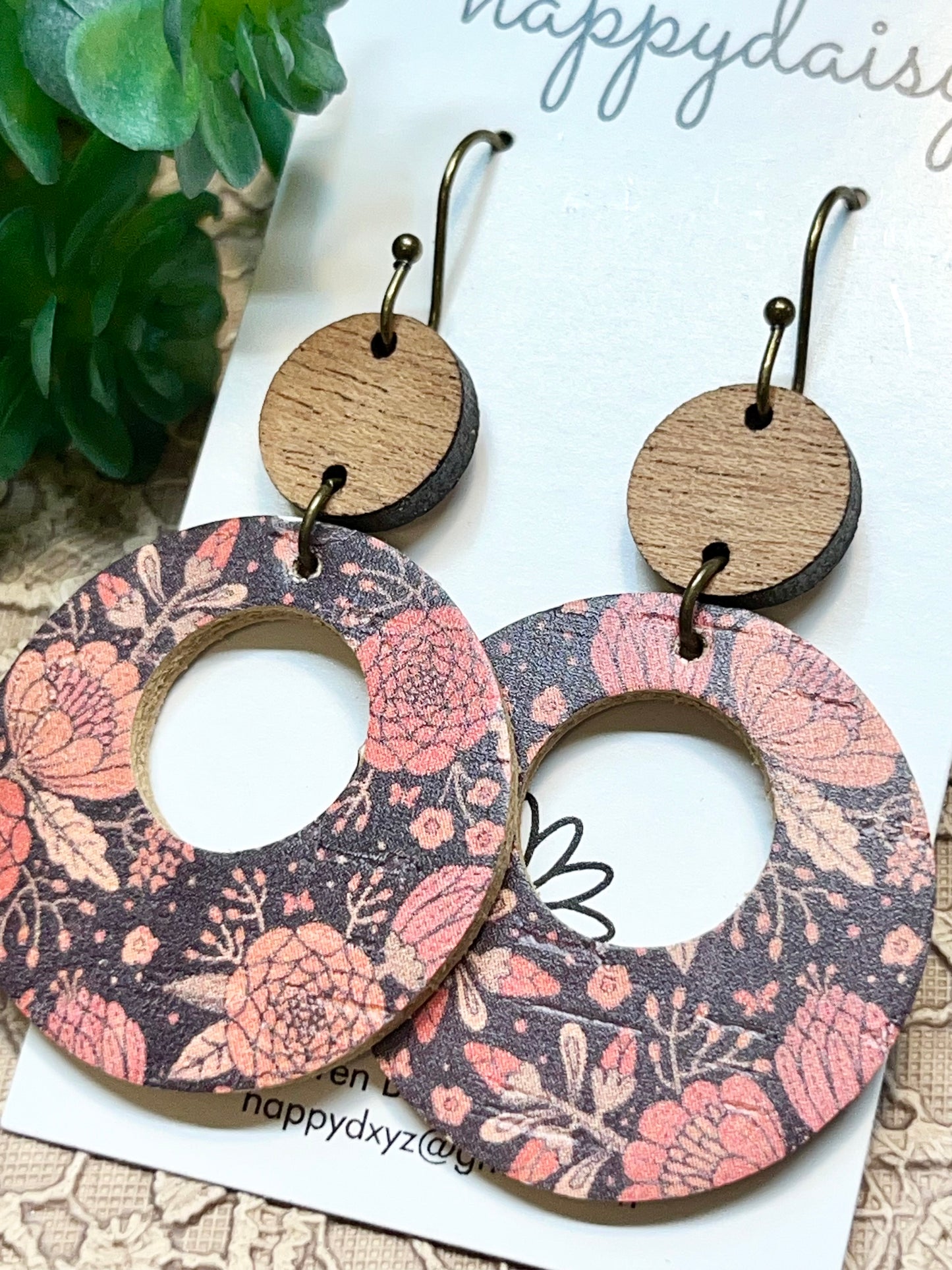 Fall Floral Print Cork on Leather "Mandy" Earrings