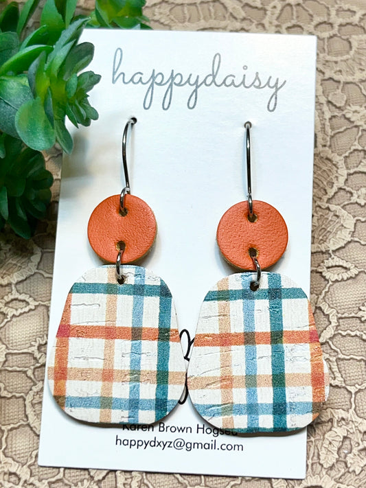 Fall Plaid Orange Turquoise Cork on Leather Earrings