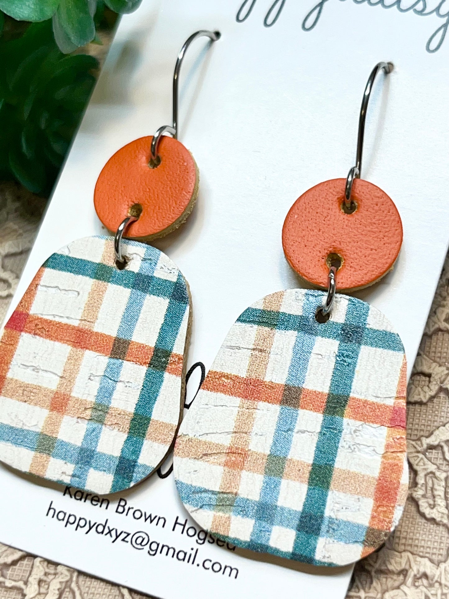 Fall Plaid Orange Turquoise Cork on Leather Earrings